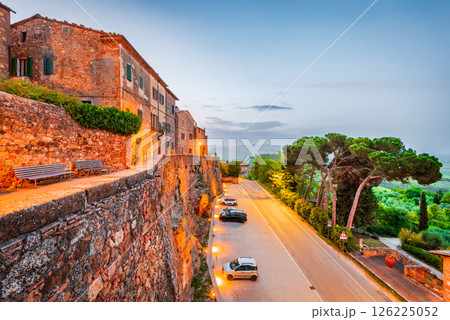 Pienza, Tuscany - Italy. Beautiful sunrise over Via del Casello, charming italian small town Pienza, Tuscany - Italy. Beautiful sunrise over Via del Casello, charming italian small town 126225052