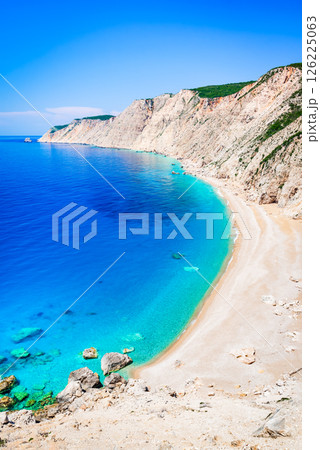 Platia Ammos, Greece. Breathtaking beach in Kefalonia, featuring turquoise waters. Platia Ammos, Greece. Breathtaking beach in Kefalonia, featuring turquoise waters. 126225063