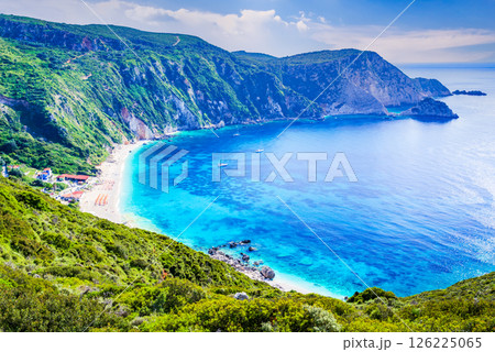 Kefalonia, Greece. Paralia Petani, one of the most beautiful beaches Greek Islands, summer holiday landscape. 126225065