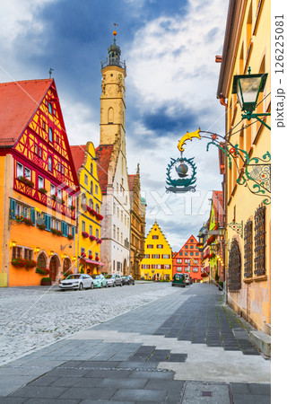 Rothenburg ob der Tauber, Bavaria. Picturesque medieval town in Germany, known for its well-preserved half-timbered houses 126225081