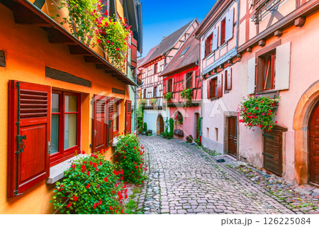 Eguisheim, France. Charming Alsace village, features colorful half-timbered houses, cobblestone streets and medieval charm. 126225084