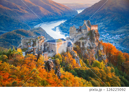 Aggstein ruins and Wachau Valley, picturesque Austrian region with vineyards, historic villages, and the Danube River, Austria. 126225092