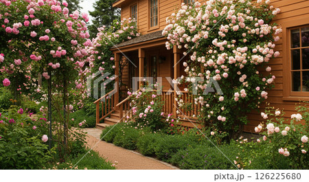 たくさんのつるバラが咲く家 126225680