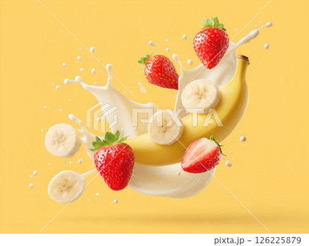 バナナスライスといちごがミルクと混ざるフレッシュシーン バナナスライスといちごがミルクと混ざるフレッシュシーン 126225879