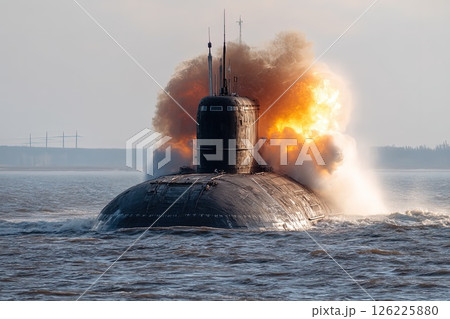 Nuclear war. Launch of a nuclear ballistic intercontinental missile from submarine. A nuclear weapon rises from the submarine, symbolizing the devastating potential of modern warfare. 126225880