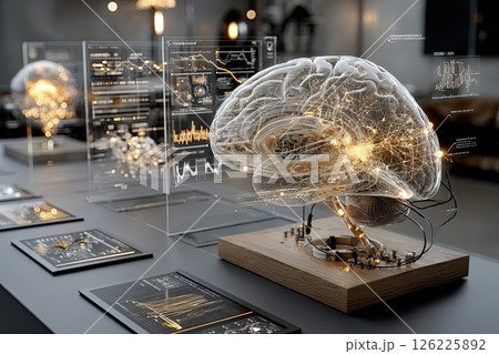 Human brain with wires and sensors. The birth of artificial intelligence. Digitalization of thinking. A wired brain symbolizes the potential of AI in cognitive science. Human brain with wires and sensors. The birth of artificial intelligence. Digitalization of thinking. A wired brain symbolizes the potential of AI in cognitive science. 126225892