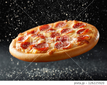 ペパロニピザに粉チーズが舞うシズル感たっぷりのフードフォト ペパロニピザに粉チーズが舞うシズル感たっぷりのフードフォト 126225920