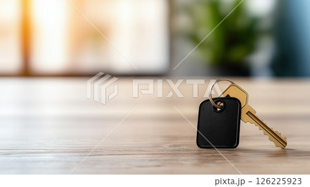 Modern Apartment Key on Wooden Table in Smart Home Interior with Natural Light Filtering Through Windows Modern Apartment Key on Wooden Table in Smart Home Interior with Natural Light Filtering Through Windows 126225923