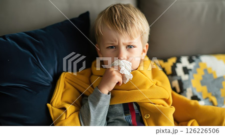 Little sick boy sits on the couch at home and blows his nose. A little boy battles a cold on the couch, surrounded by pillows. Despite feeling unwell, his determination to overcome is evident. 126226506