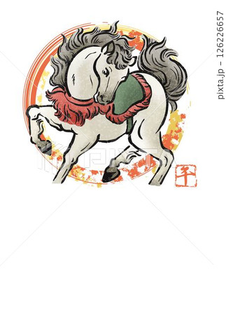 年賀状2026　年賀2026　午　午年　馬　うま　墨絵　水墨画　水彩　日本画　テンプレート　デザイン 126226657