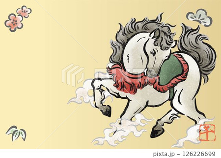 年賀状2026　年賀2026　午　午年　馬　うま　墨絵　水墨画　水彩　日本画　テンプレート　デザイン 126226699