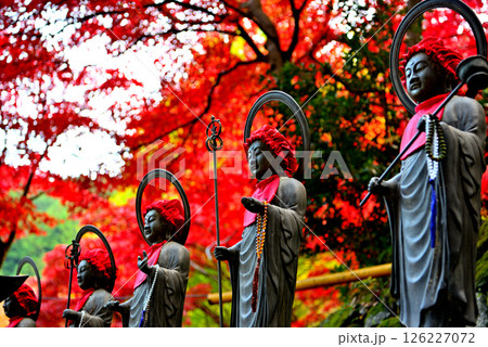 関東・紅葉の大山詣り・大山寺の手前、美しい紅葉を背に人々を見守るお地蔵様・神奈川県伊勢原市(1) 126227072