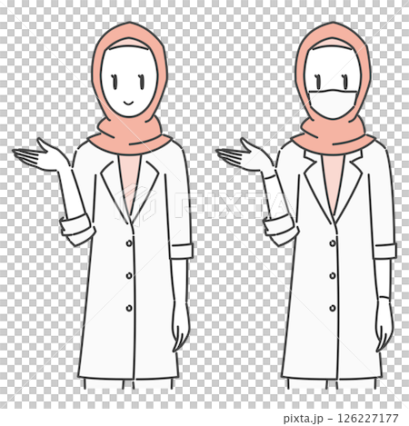 イラスト素材:ヒジャブを着用した、案内する白衣の女性医師(ムスリム・イスラム教徒/モノトーン) 126227177