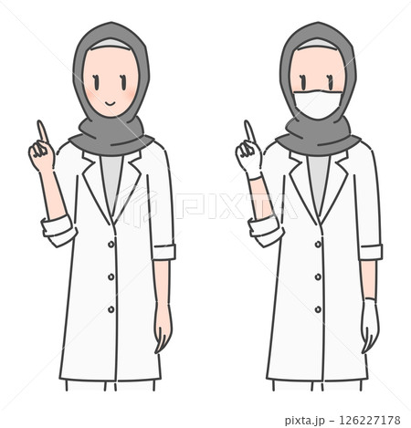 イラスト素材:ヒジャブを着用した、説明する白衣の女性医師(ムスリム・イスラム教徒/素顔・マスク) 126227178