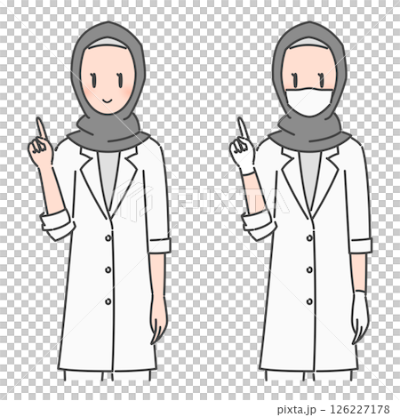 イラスト素材:ヒジャブを着用した、説明する白衣の女性医師(ムスリム・イスラム教徒/素顔・マスク) 126227178