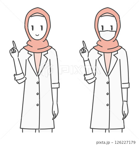 イラスト素材:ヒジャブを着用した、説明する白衣の女性医師(ムスリム・イスラム教徒/モノトーン) 126227179