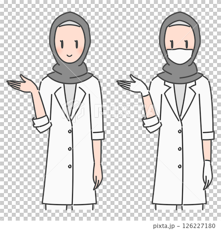 插畫資料：身穿白大褂、頭戴頭巾的女醫生（穆斯林/穆斯林/素顏/口罩） 126227180