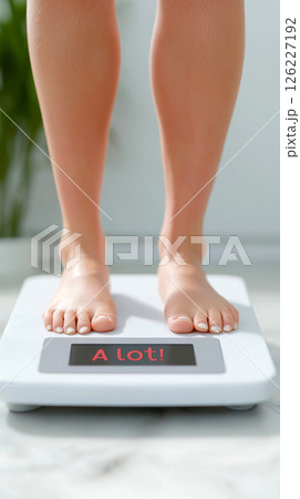 Close-up of bare feet standing on a classic analog bathroom scale. Text "A lot" on a scales, diet and fat loss concept, overweight woman, fasting and dieting 126227192