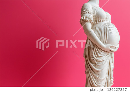 Greek-style sculpture representing a pregnant woman in serene and graceful posture, positioned against a plain and minimalist background, themes of motherhood, reverence, and timeless beauty. Greek-style sculpture representing a pregnant woman in serene and graceful posture, positioned against a plain and minimalist background, themes of motherhood, reverence, and timeless beauty. 126227227