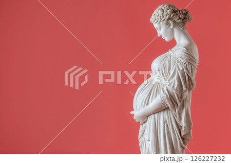 Greek-style sculpture representing a pregnant woman in serene and graceful posture, positioned against a plain and minimalist background, themes of motherhood, reverence, and timeless beauty. Greek-style sculpture representing a pregnant woman in serene and graceful posture, positioned against a plain and minimalist background, themes of motherhood, reverence, and timeless beauty. 126227232