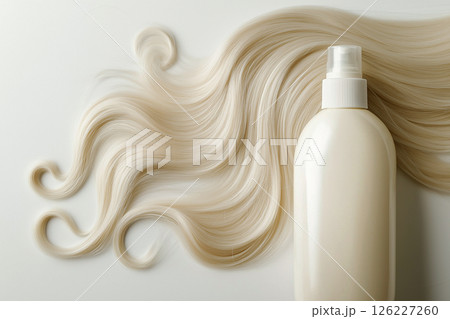 Long blonde hair with care product bottle on light background Long blonde hair with care product bottle on light background 126227260