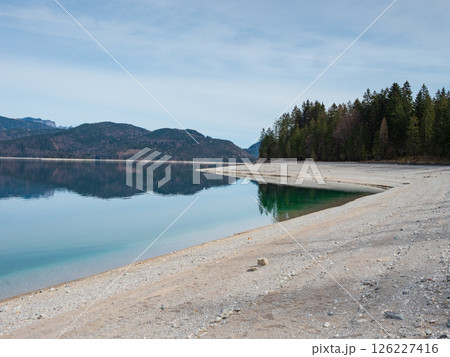 Idyllic summer landscape with mountain lake in the Alps in Bavaria, Germany Idyllic summer landscape with mountain lake in the Alps in Bavaria, Germany 126227416