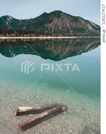 Idyllic summer landscape with mountain lake in the Alps in Bavaria, Germany Idyllic summer landscape with mountain lake in the Alps in Bavaria, Germany 126227417