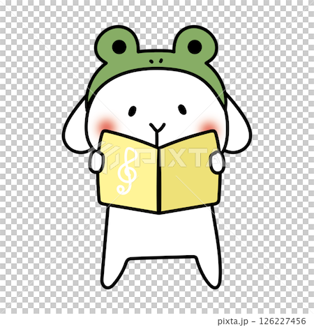 蛙の被り物をして歌をうたう白いうさぎ 126227456