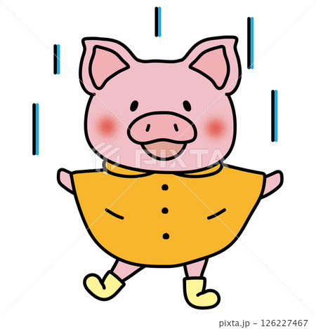 合羽を着て雨を喜ぶぶた 126227467