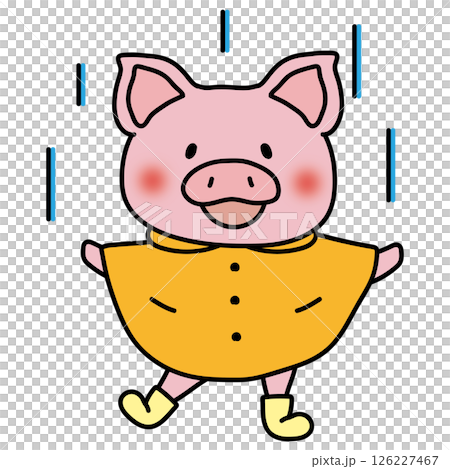 合羽を着て雨を喜ぶぶた 126227467