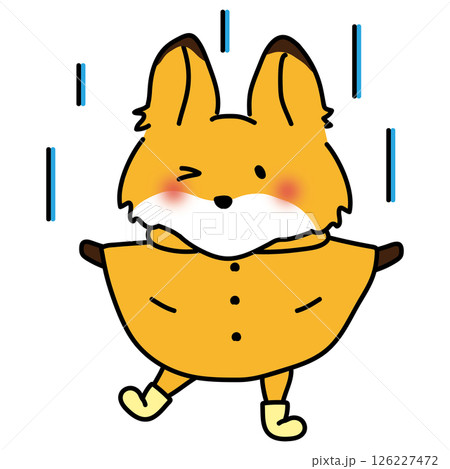 合羽を着て雨を喜ぶキツネ 126227472
