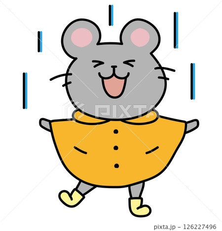 合羽を着て雨を喜ぶネズミ 126227496