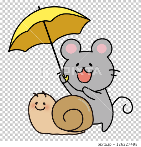 A mouse holds an umbrella over a giant snail A mouse holds an umbrella over a giant snail 126227498