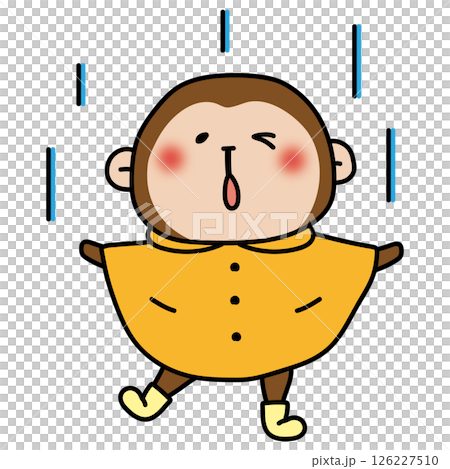 一隻猴子穿著雨衣享受雨水 126227510