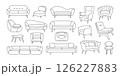Home furniture icons. Cozy living room interior with sofa armchair couch doodle style, line sketch of apartment or office furniture decor. Vector isolated set 126227883
