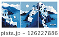 Greek Santorini posters. Abstract Greek landscape traditional white architecture of Mediterranean island flat minimalistic style, travel to Greece brochure cover design. Vector set 126227886