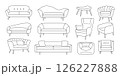 Doodle home furniture icons. Hand drawn sofa couch chair sketches, line living room interior furniture elements, outline decorative divan cushion armchair. Vector furniture set 126227888