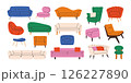 Modern home furniture. Cozy sofas, chairs, armchairs, ottomans, and couches with cushions, living room interior with stylish upholstered seats cartoon flat style. Vector set 126227890