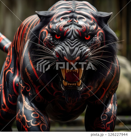 Black-Red skinned tiger in threatening posture. 126227944