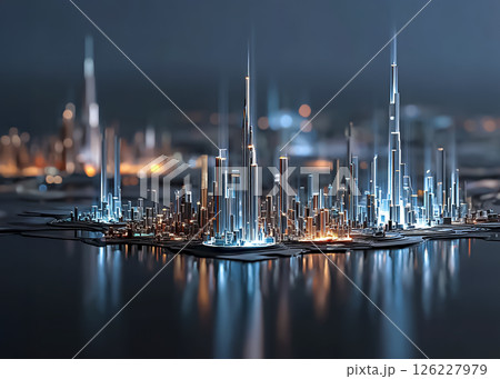 サイバー空間の高層ビルの都市風景　CG素材 126227979