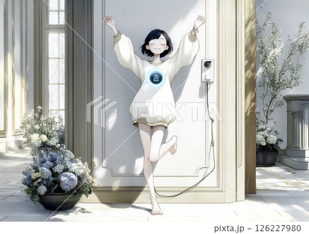 テクノフェアリー　外に連れて行ってもらうのを待っているフル充電になった充電の妖精のイラスト素材 126227980