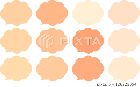 雲の形をしたモコモコなふきだしセット。オレンジ色と肌色。吹き出しの先端は左下。 雲の形をしたモコモコなふきだしセット。オレンジ色と肌色。吹き出しの先端は左下。 126228054