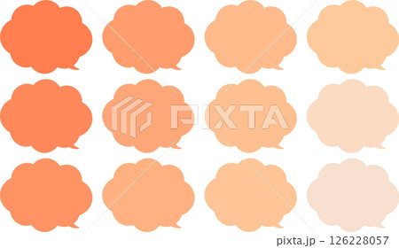 雲の形をしたモコモコなふきだしセット。オレンジ色と肌色。吹き出しの先端は右下。 126228057