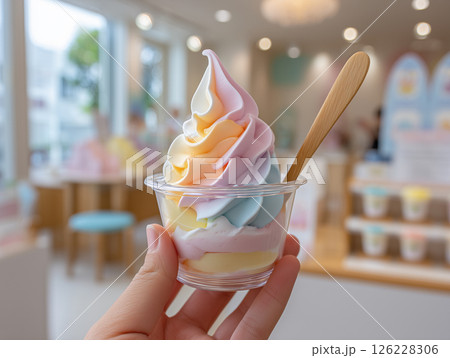 パステルカラーのソフトクリームを手にした可愛いスイーツ写真 126228306