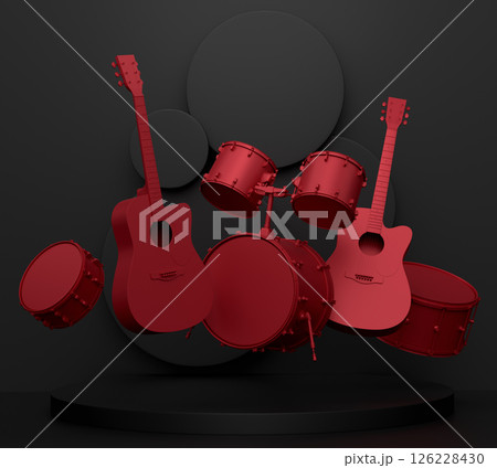 Acoustic guitars and drums with cymbals on podium on monochrome background. Acoustic guitars and drums with cymbals on podium on monochrome background. 126228430
