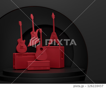 Acoustic guitars and drums with cymbals on podium on monochrome background. 126228437
