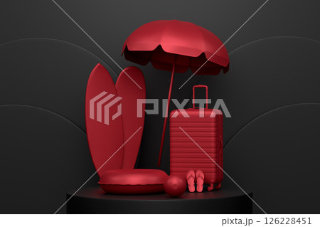 Beach surf, chair, umbrellas and lugagge on podium on monochrome background. 126228451