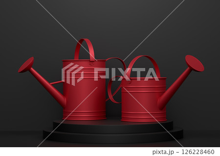 Garden equipment and supply on podium on monochrome background. 126228460