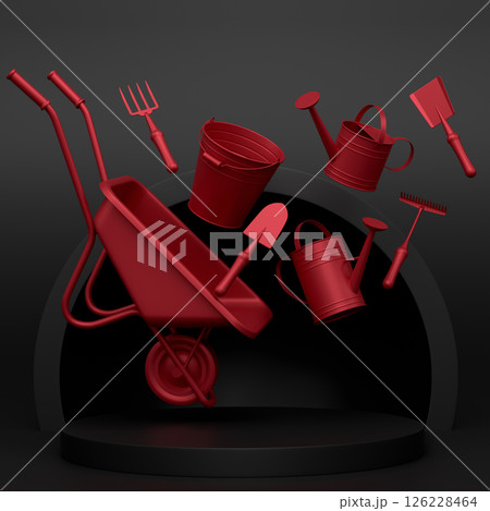 Garden equipment and supply on podium on monochrome background. Garden equipment and supply on podium on monochrome background. 126228464