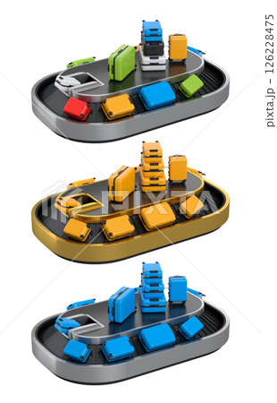 Set of Airport luggage conveyor belt or baggage claim area with suitcases on white. 126228475